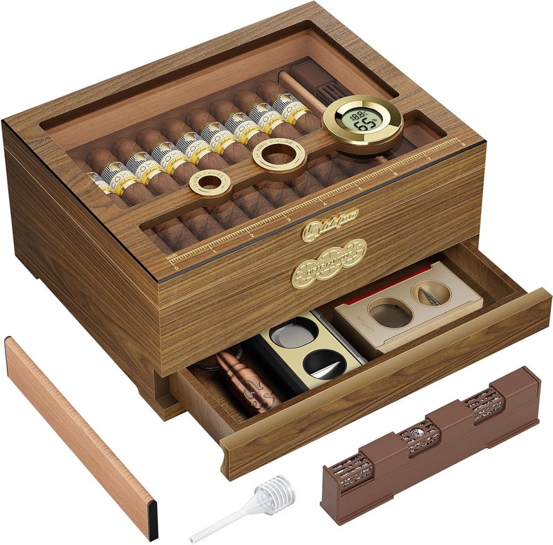 LIHTUN Cigar Humidor, Glass Top Desktop Cigars Case with Digital Hygrometer, Humidifier, Cigar Accessories Drawer and Measuring Scale, Cigars Humidors Box for Men Gift - Image 1